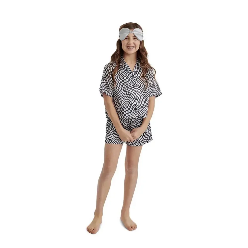NWT NASCAR+Justice Girls M(10) Blk Pajama Lounge 3pc Shorts Shirt Mask Sleep Set